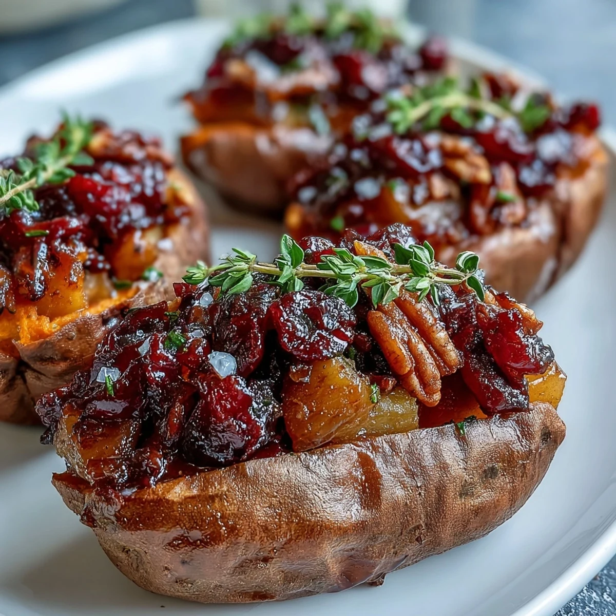 Golden-brown twice baked sweet potatoes with a sweet cranberry apple filling and toasted pecans, served warm.