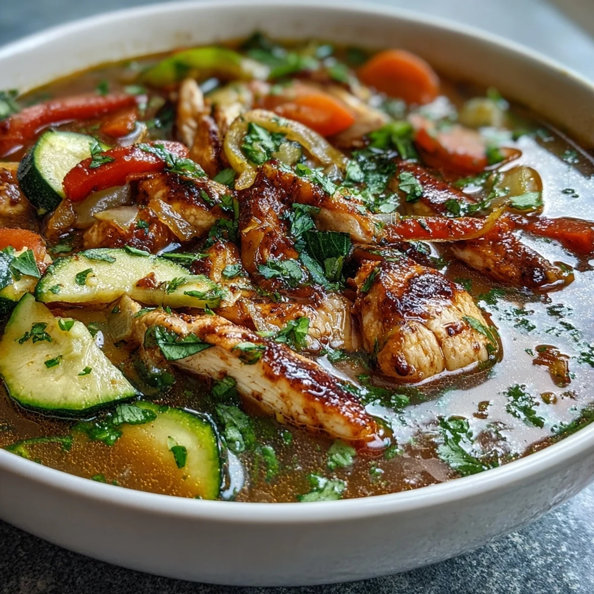 Hearty one-pot fajita soup packed with chicken, zucchini, and peppers, garnished with cilantro and lime for a light yet flavorful dish.