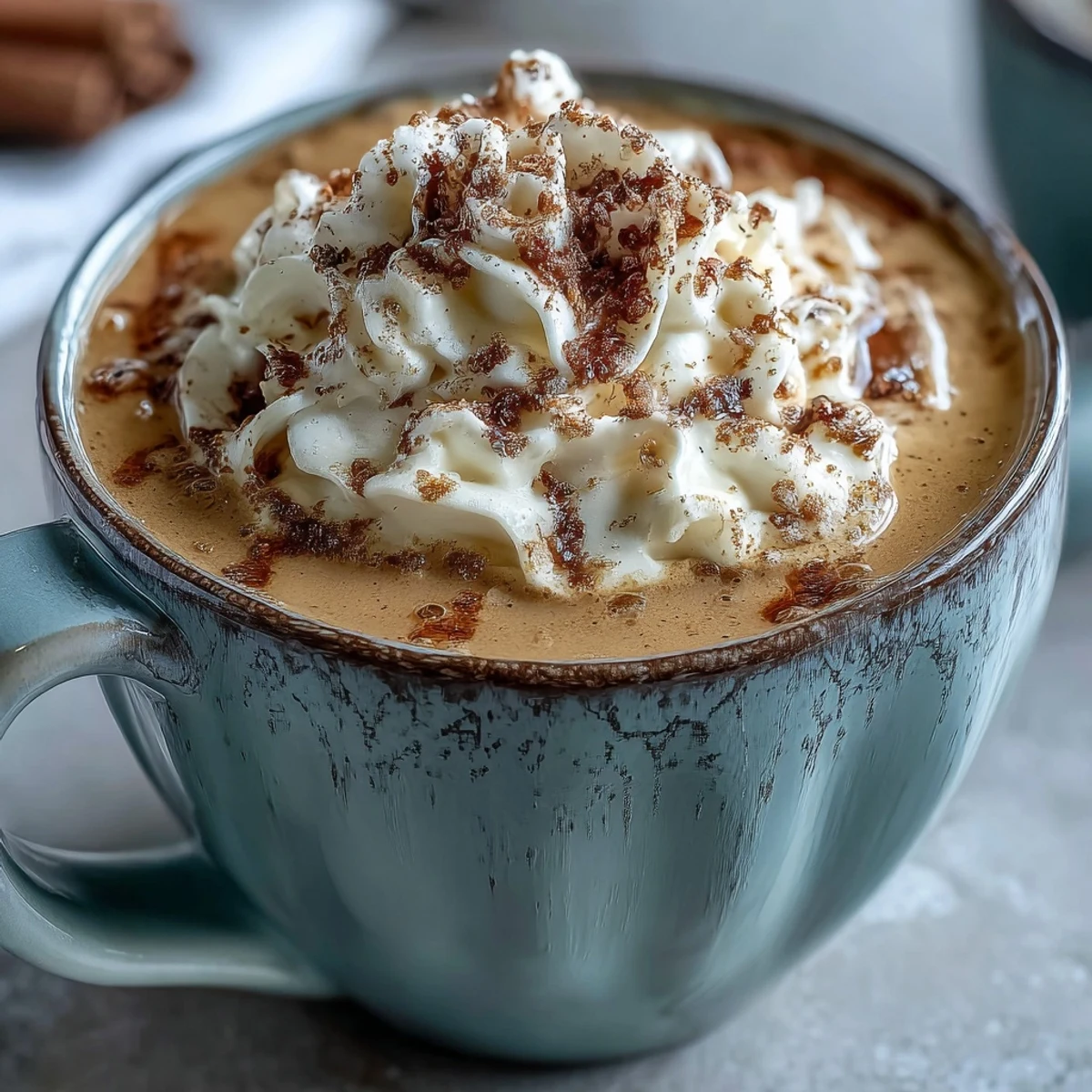 Festive Christmas Chai Latte with creamy milk and warm chai spices, topped with spiced whipped cream and a dusting of cinnamon.  