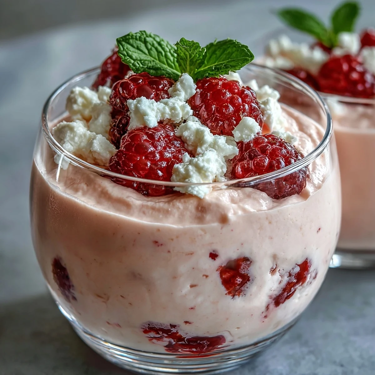 Creamy cottage cheese raspberry mousse with fresh berries and mint garnish in elegant glasses.  