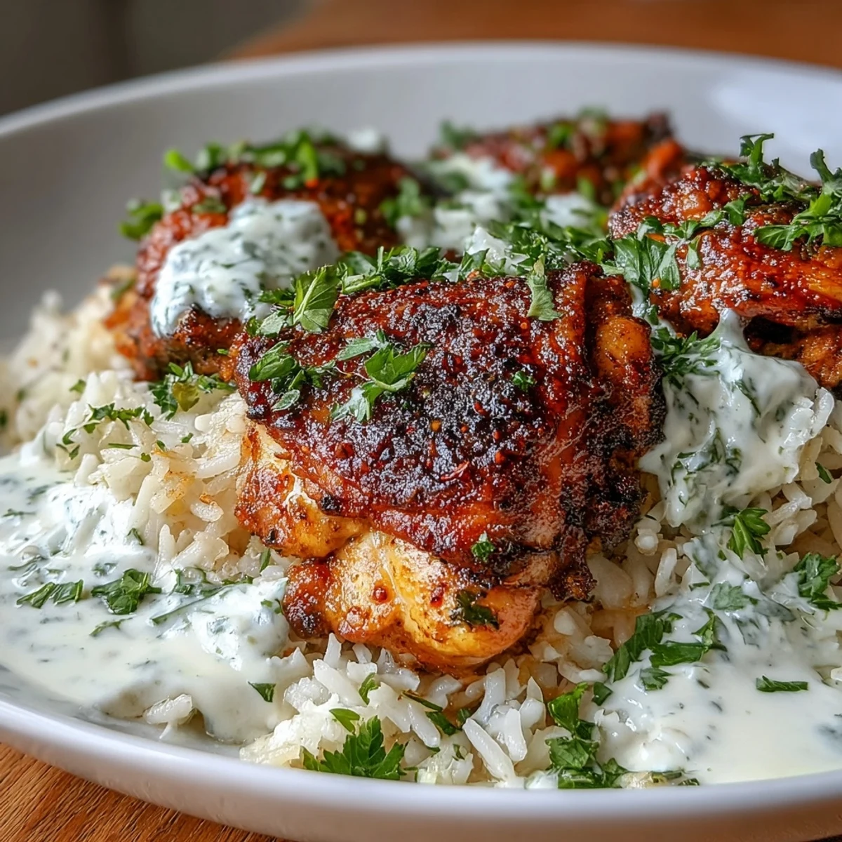 Aromatic Middle Eastern One Pot Shawarma Chicken and Rice with yogurt drizzle and fresh parsley garnish.