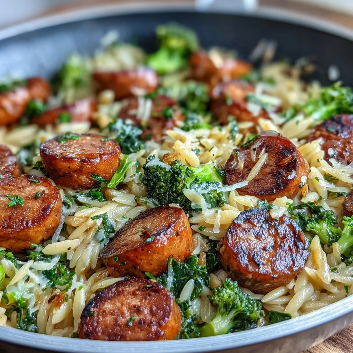 One-pan chicken sausage broccoli orzo with golden sausage slices, vibrant broccoli, and fresh lemon zest in a creamy Parmesan sauce.
