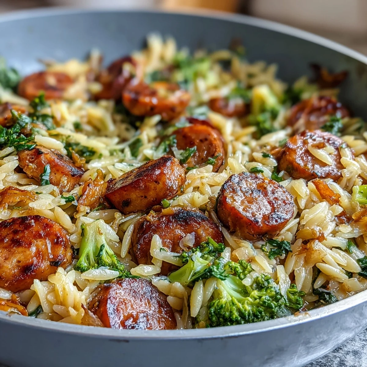 Tender orzo pasta, crisp broccoli florets, and juicy chicken sausage combine in a comforting one-pan dinner with bright lemon and Italian herbs.