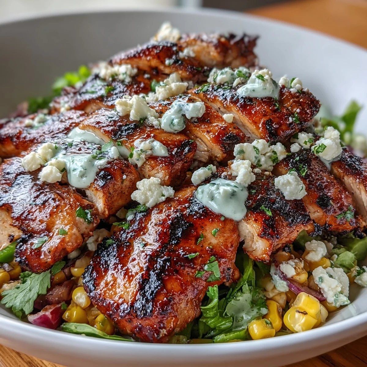Colorful Healthy Chicken and Street Corn Bowls topped with smoky grilled corn, crisp vegetables, and tangy dressing for a protein-packed lunch.  