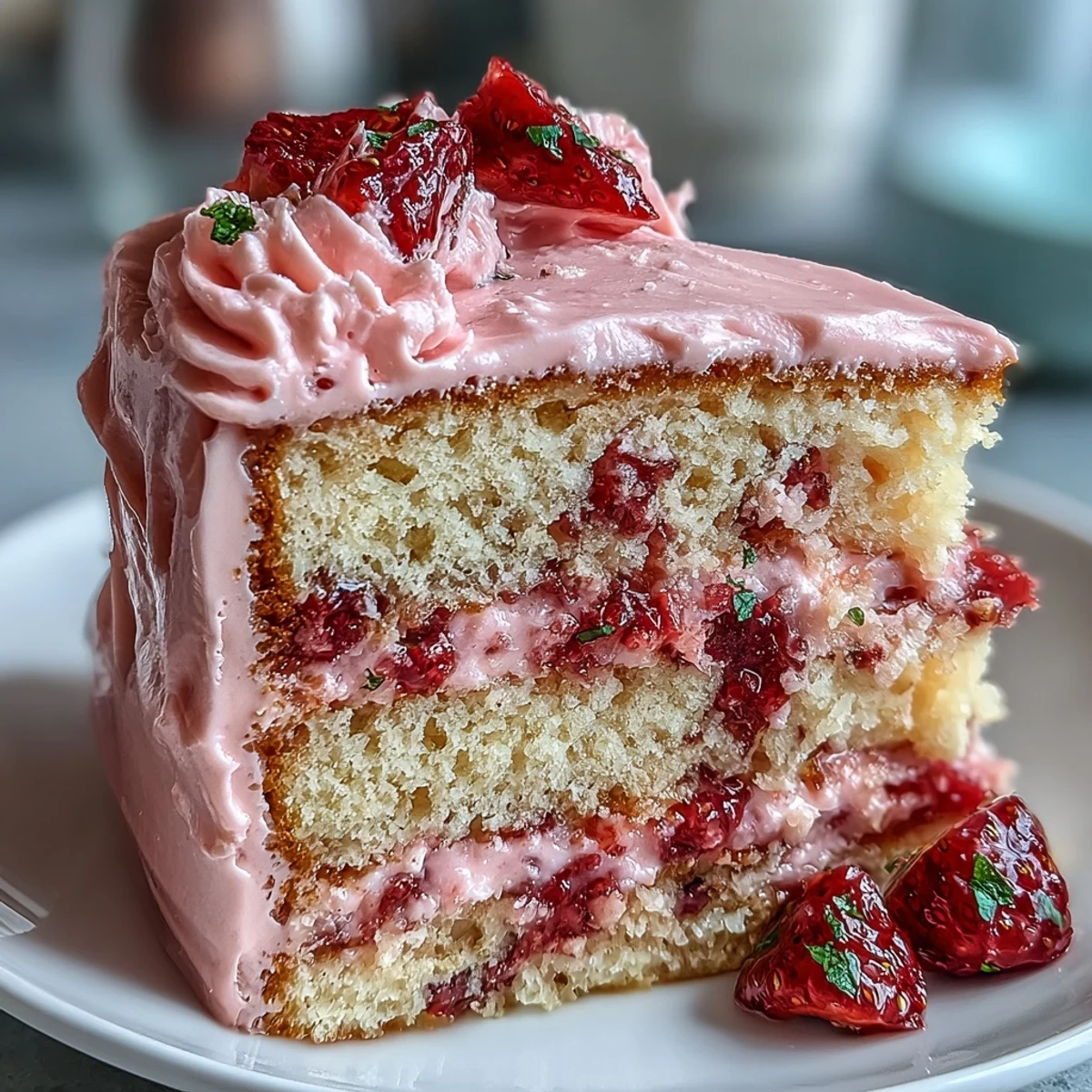 Homemade Galentine's pink strawberry lemonade cake featuring zesty lemon layers and luscious strawberry frosting, garnished with fresh berries and edible flowers.