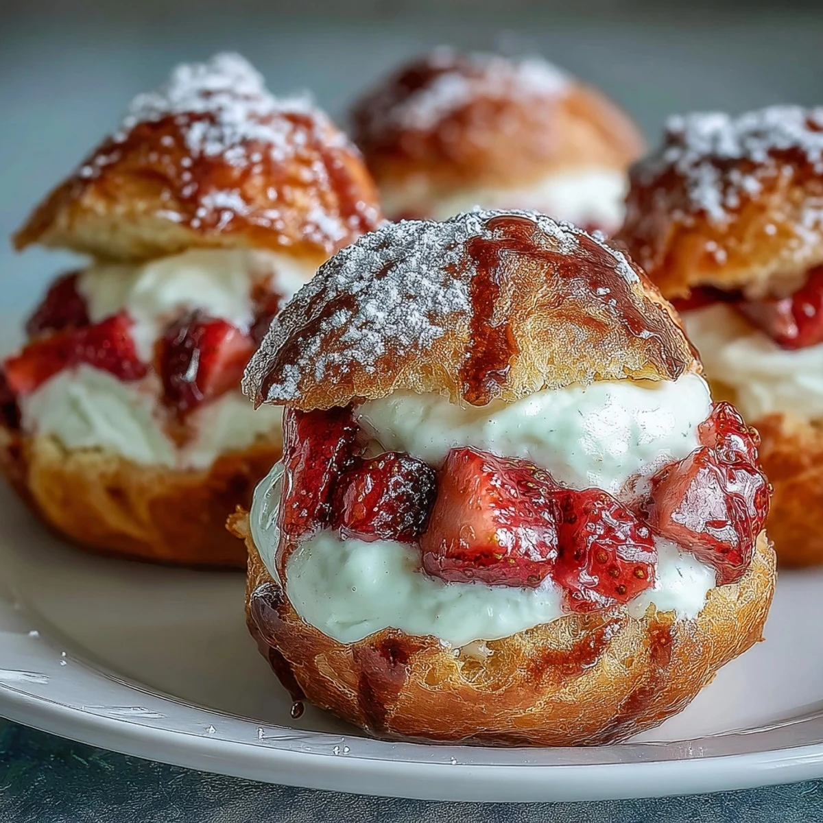 Valentine strawberry cream puffs with golden choux pastry filled with fresh strawberry whipped cream and dusted with powdered sugar.  