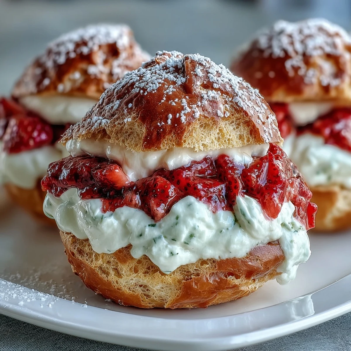 Light and airy strawberry cream puffs showcasing crisp pastry shells stuffed with vibrant pink strawberry filling for a romantic dessert.  