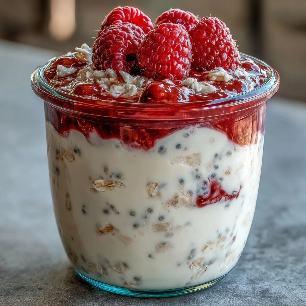 A jar of creamy overnight oats layered with vibrant raspberries and chia seeds for a nutritious breakfast.