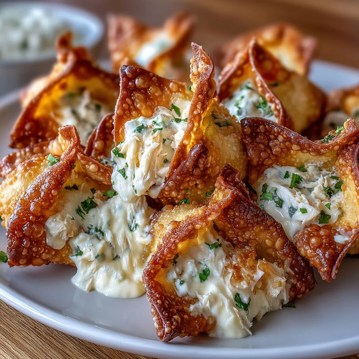 Crispy air-fried wontons filled with creamy crab and cream cheese, served hot with sweet chili dipping sauce.  