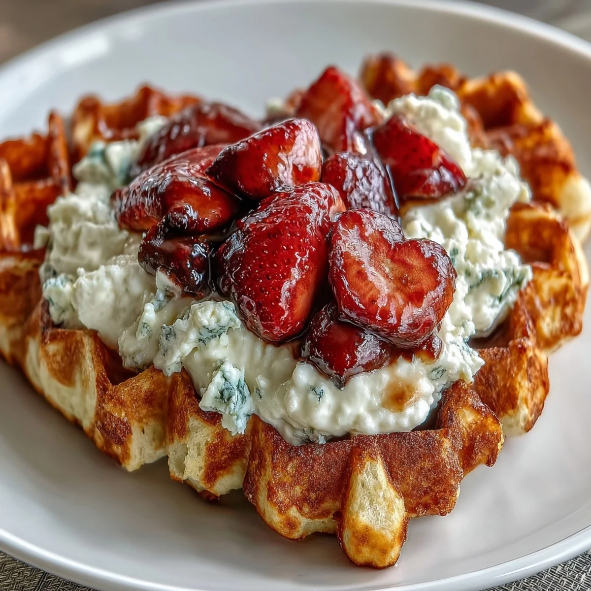 Fluffy heart-shaped waffles drizzled with a smooth cottage cheese whip and topped with juicy, macerated strawberries for a protein-packed breakfast.
