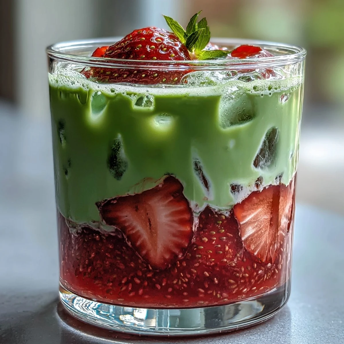 Refreshing Strawberry Matcha Iced Latte with Oat Milk - Sweet strawberry puree blends with smooth matcha and chilled oat milk for a perfect summer sip.