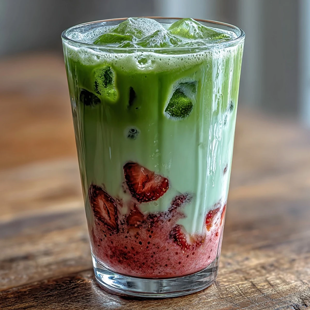 Layered Strawberry Matcha Iced Latte with Oat Milk - Creamy oat milk, fruity strawberry, and rich matcha create a stunning, refreshing iced beverage.