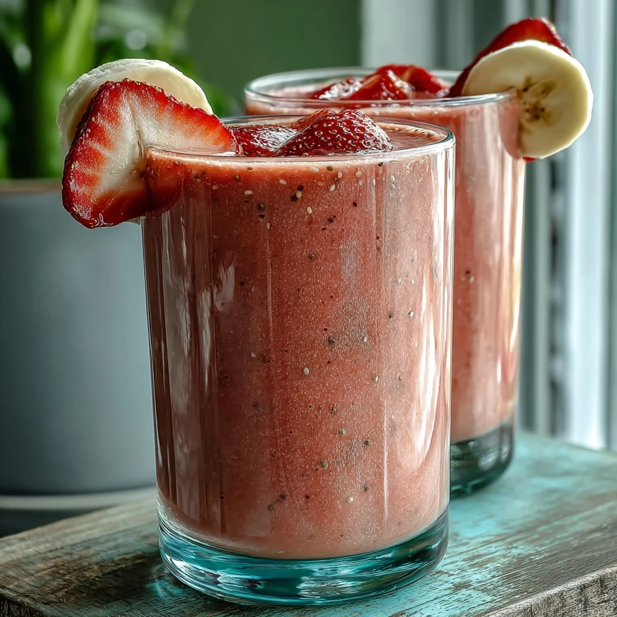 2. Thick and frosty strawberry banana protein smoothie, enriched with chia seeds and Greek yogurt, served in tall glasses for a nutritious morning treat.  