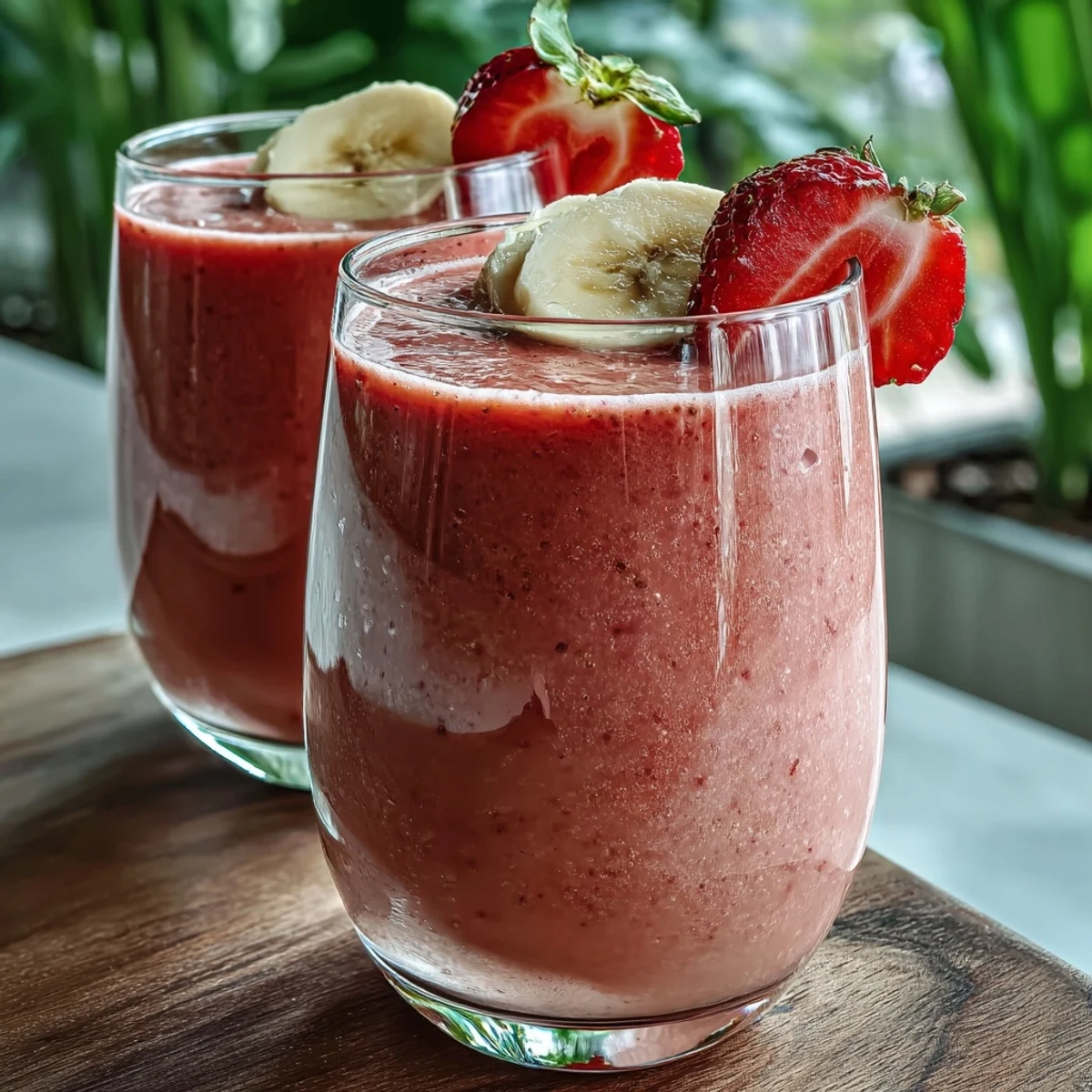 3. Energizing strawberry banana protein smoothie with chia seeds, featuring a creamy texture and bright red and yellow hues, perfect for post-workout recovery.