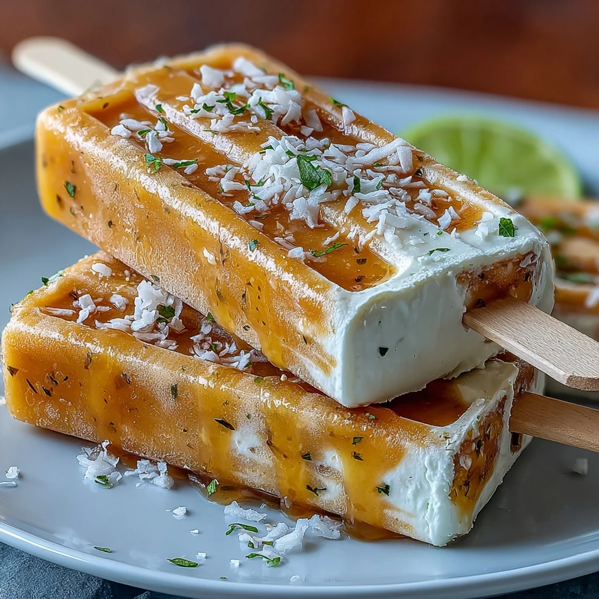 Luscious mango and Greek yogurt popsicles swirled with lime and coconut, offering a creamy, guilt-free dessert perfect for hot days.