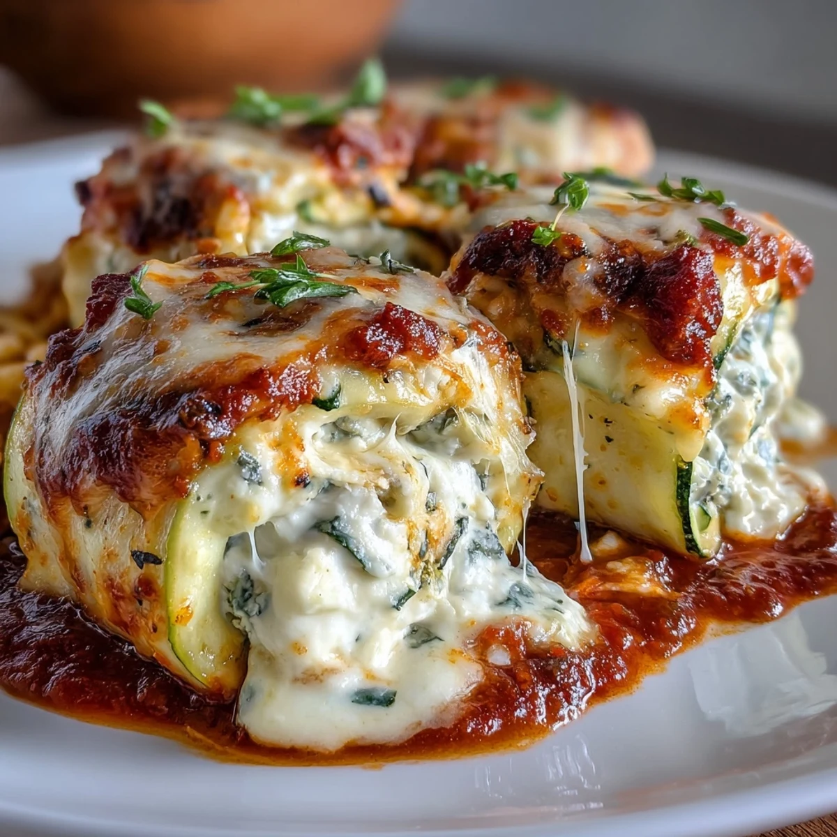 Keto Zucchini Lasagna Roll-Ups with Ricotta and Marinara, featuring tender zucchini slices wrapped around creamy ricotta and baked in savory marinara sauce.