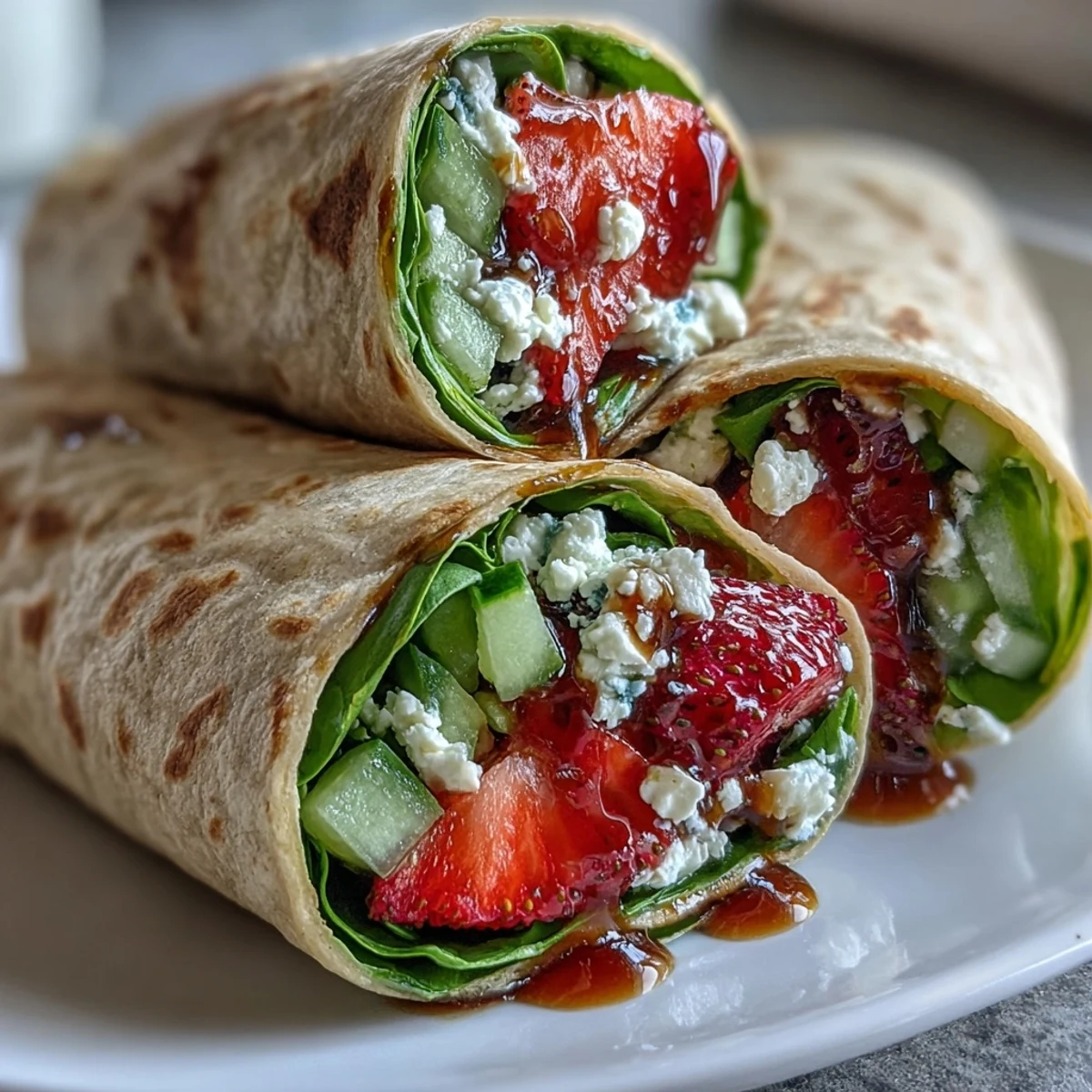 Colorful fresh strawberry spinach wraps with tangy balsamic glaze, layered with crisp cucumber and sweet red onion slices.  