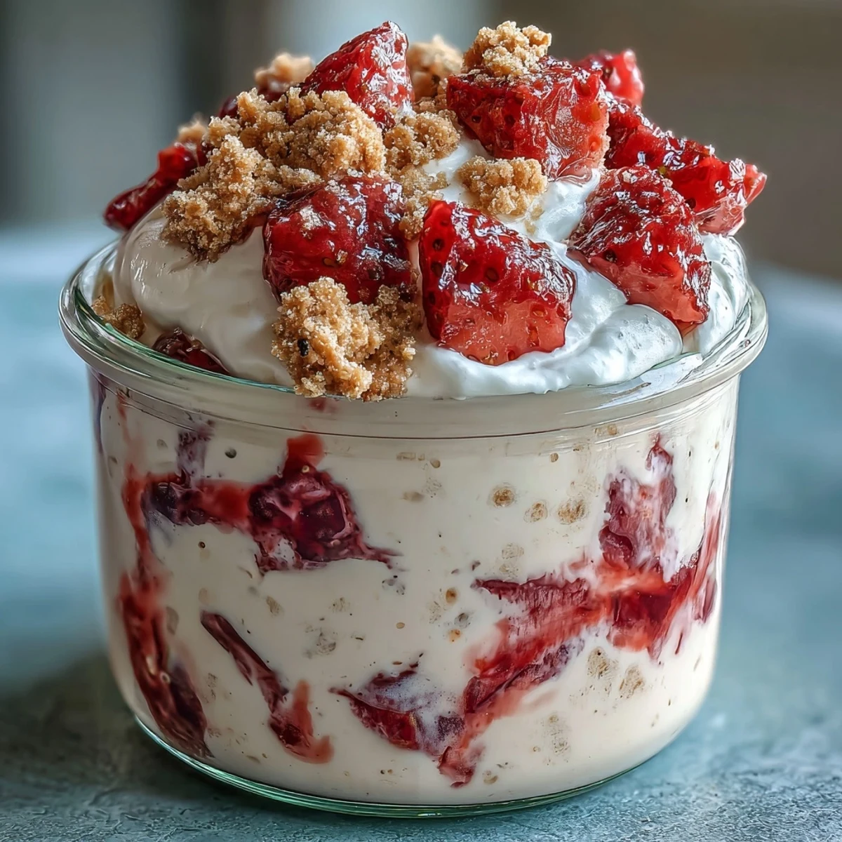 Strawberry shortcake overnight oats with creamy vanilla yogurt, fresh strawberries, and crunchy graham cracker topping in a glass jar.