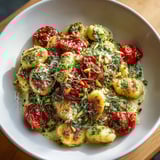 Golden Creamy Roasted Tomato & Pesto Gnocchi Skillet; easy, delicious weeknight dinner idea.