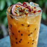 Vibrant Tropical Sunrise Mocktail, featuring bright orange and passionfruit juices.