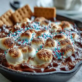 Golden, melted marshmallow 4th of July S'mores Dip from a skillet.