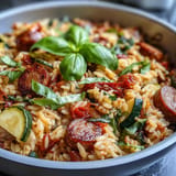 Hearty One-Pan Italian Orzo Skillet, showcasing tender orzo and vegetables with sausage.