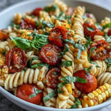 Freshly tossed Summer Corn and Tomato Pasta Salad, a perfect summer side dish.