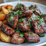 Juicy steak bites drizzled in garlic butter sauce alongside crispy roasted potatoes.