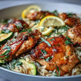 One-pan lemon chicken and zucchini orzo with fresh herbs and glistening sauce.