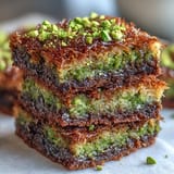 Decadent fudgy Pistachio Kunafa Brownies, drizzled with syrup, ready to enjoy.
