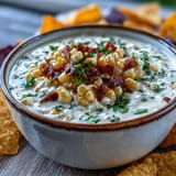 Roasted corn cottage cheese queso, a warm Tex-Mex dip ready for chips.