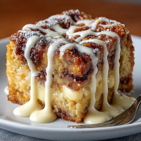 Golden Cinnamon Roll Bread Pudding Squares glistening, ready for warm vanilla sauce.