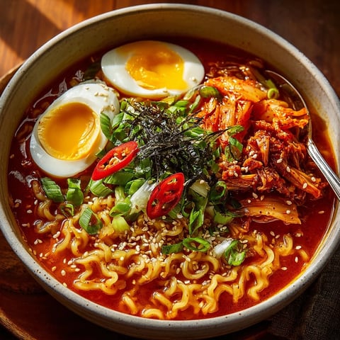 Steaming Spicy Kimchi Ramen Bowl: A comforting weeknight dinner, richly flavored and aromatic.