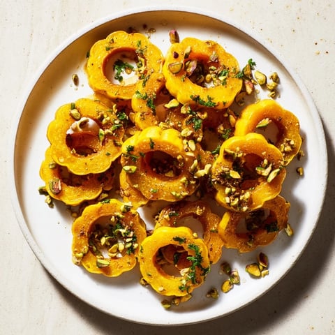 Golden-brown baked delicata squash rings glistening with maple syrup and sprinkled with pistachios.