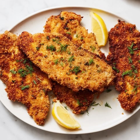 Golden, crispy pickle-brined chicken cutlets ready to enjoy with a squeeze of fresh lemon.
