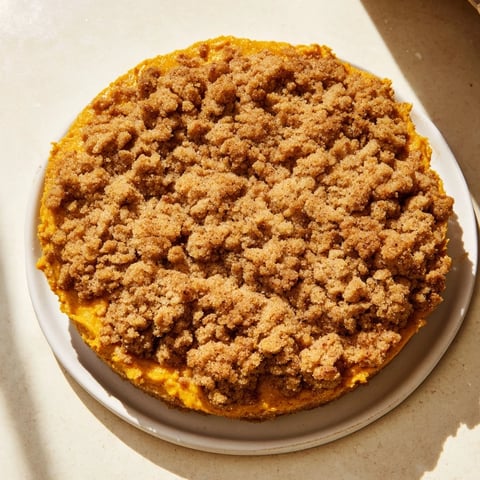Golden brown pumpkin crisp, warm from the oven, ready to be served for dessert.