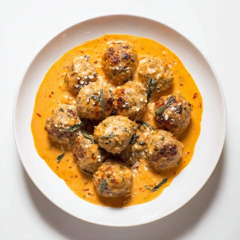 Turkey Meatballs with Pumpkin Sage Sauce: Creamy sauce coats juicy meatballs, ready for serving over pasta.