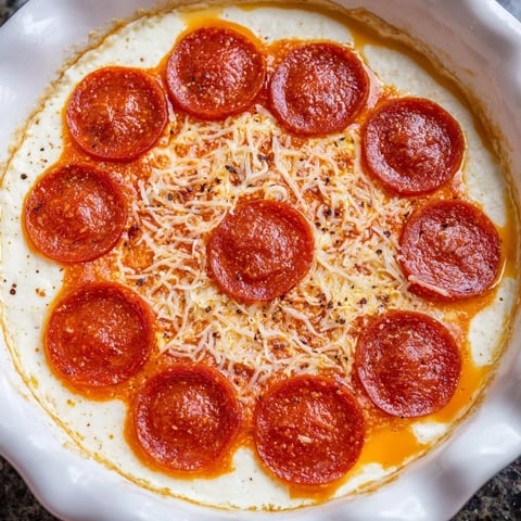 Warm, bubbly pizza dip, topped with pepperoni, is ready for your favorite dippers and friends.