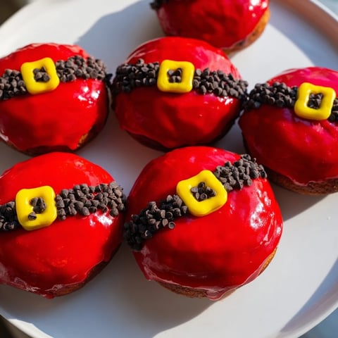 Warm, glazed Santa Belly Donuts, with vibrant red icing and chocolate belt details, ready to enjoy.