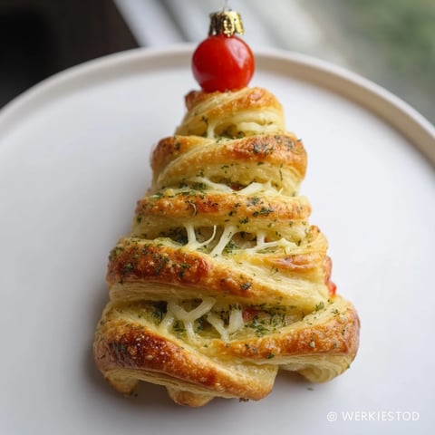 Golden, flaky Budget Christmas Crescent Roll Trees, baked to perfection, garnished with bright red tomatoes, a festive appetizer.