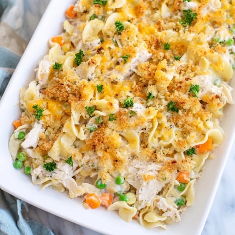 Golden-brown Baked Cream of Chicken Noodle Soup Pasta, bubbling hot with melted cheese and tender noodles.