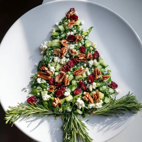 Festive Cranberry & Feta Cheese Tree Dip Salad, a beautifully arranged appetizer featuring vibrant greens and red cranberries.