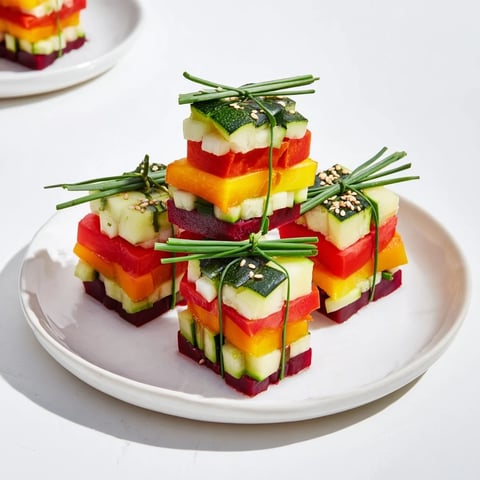 Vibrant Stacked Gift Box Veggie Cubes, a festive appetizer with colorful, fresh vegetable layers for the holidays.