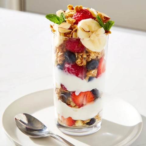 Layers of creamy yogurt, sweet fruit, and crunchy granola in Yogurt and Granola Parfait glasses.