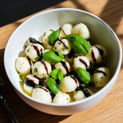 Simple Mozzarella Pearls in a white bowl: creamy Italian cheese, lightly seasoned and beautifully presented for serving.