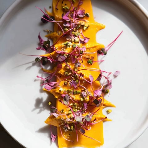 Beautiful Modernist Stripe appetizer with vibrant layers of smooth beet purée and creamy textures.