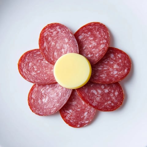 A beautifully arranged Tudor Rose appetizer: salami petals surround a cheese center on a plate.