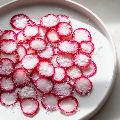 Freshly sliced radish slices with sea salt, a vibrant, crunchy appetizer ready to enjoy.