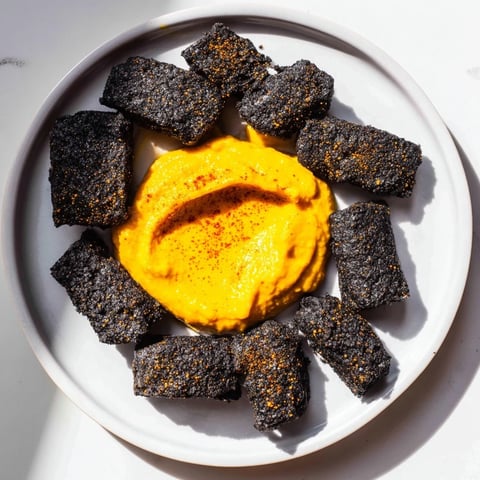 Midnight Sun appetizer: Creamy orange carrot dip encircled by dark charcoal crackers; an elegant presentation.