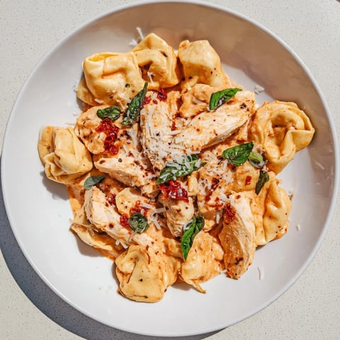 Golden chicken and tortellini in creamy sauce: a beautiful Marry Me Chicken Tortellini dish.